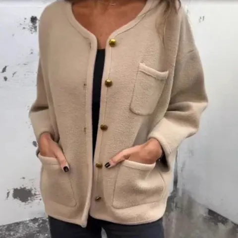 Women's Elegant Casual Polyester Solid Color Round Neck Long Sleeve Single-Breasted Woolen Coat Outerwear With Buttons Pockets For Commuting Daily Wear