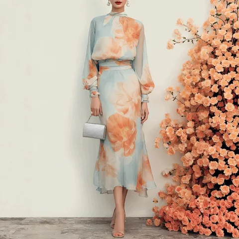 Elegant Chiffon Stand Collar Puff Sleeve High Waist Mermaid Maxi Dress Women Floral Printed Slim Fit Evening Party Formal Gown