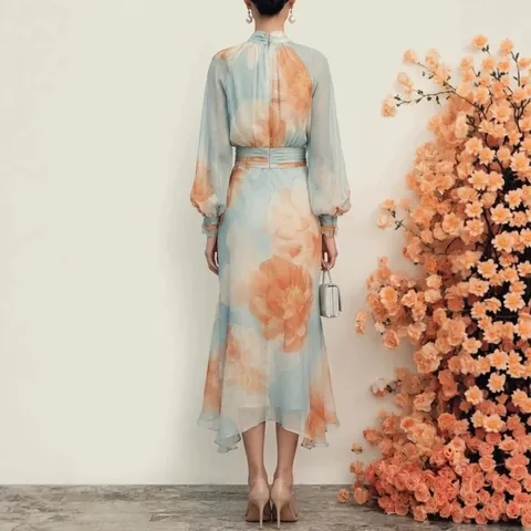 Elegant Chiffon Stand Collar Puff Sleeve High Waist Mermaid Maxi Dress Women Floral Printed Slim Fit Evening Party Formal Gown