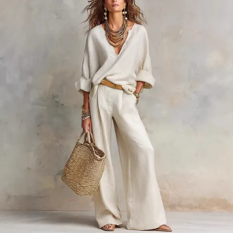 Women Casual Polyester Spandex Top And Bottom V Neck Long Sleeve Wide Leg Pants Loose Vacation Style Outfits