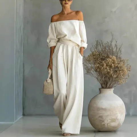 Women Casual Solid Color Knitted Pants Set Off Shoulder Slash Neck Long Sleeve Top And Bottom Wide Leg Trousers Two Piece Set Streetwear Lounge Matching Outfit