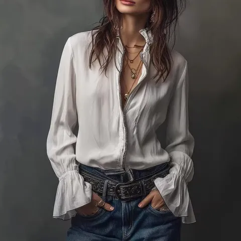 Women Casual Western Style Polyester Blouse Round Neck Long Sleeve Top Loose Solid Color Zipper Patchwork Blouse Shirt For Commuting Everyday