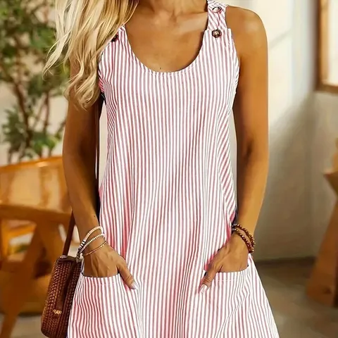Women Casual Striped Overall Dress Round Neck Sleeveless Overall Mini Dress With Pockets Buttons Sweet Loose A-Line Pinafore Dress For Women