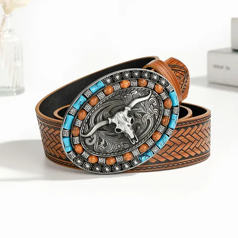 Vintage Western Cowboy PU Leather Belt With Bull Head Turquoise Alloy Plate Buckle Embossed Waist Strap For Men Women