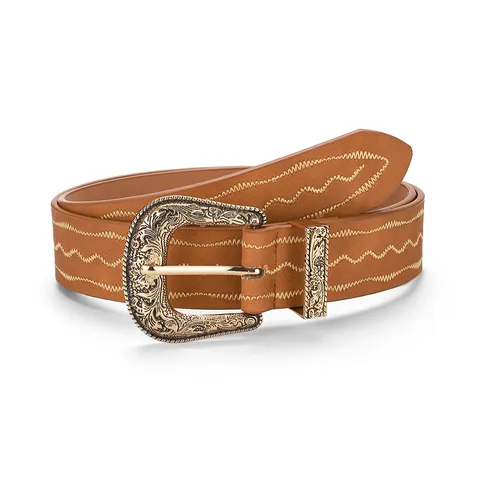 Vintage Women PU Leather Belt With Heavy Carved Alloy Pin Buckle Retro Wave Embroidered Fashion Versatile Waistband Jeans Pants Belt