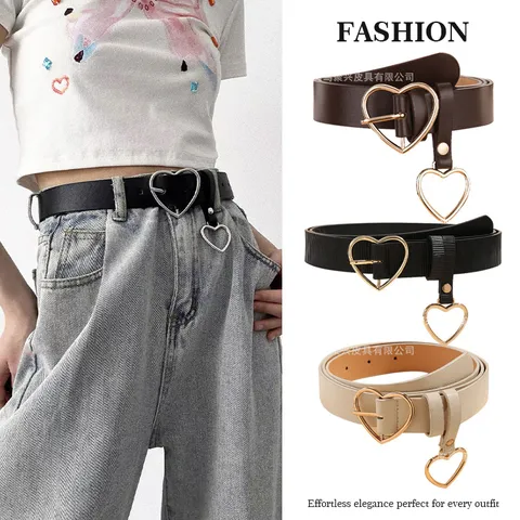 Women Faux Leather Belt With Alloy Heart Buckle Fashion Versatile Waist Belt With Heart Pendant Decorative Pants Belt For Ladies