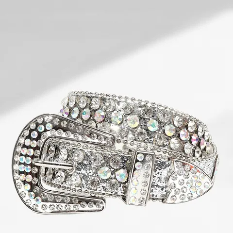 Punk Unisex PU Alloy Rhinestone Belt Western Cowboy Crocodile Pattern Carving Buckle Rhinestone Waist Belt For Jeans Party Decoration Accessories