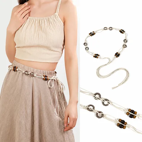 Bohemian Woven Waist Chain Wooden Beads Tassel Belt Ethnic Vintage Belt Dress Decorative Waist Rope For Women Holiday Accessory