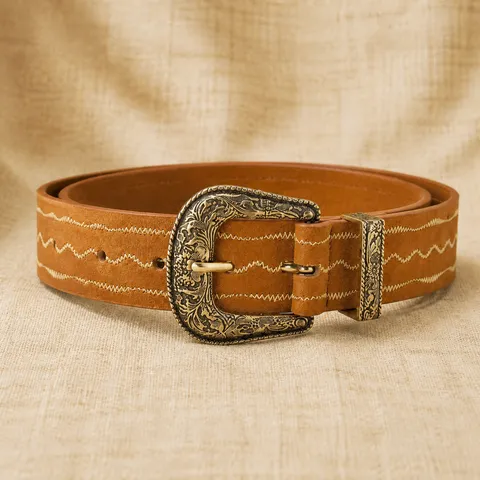 Vintage Women PU Leather Belt With Heavy Carved Alloy Pin Buckle Retro Wave Embroidered Fashion Versatile Waistband Jeans Pants Belt