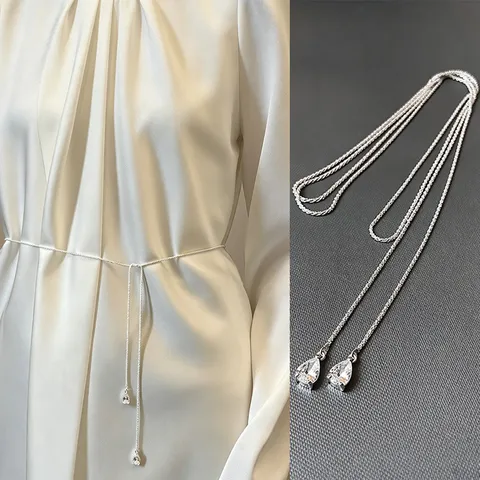 Minimalist Silver Rhinestone Waist Chain Elegant Crystal Waterdrop Tassel Belt For Women Dress Shirt Decoration Accessory Gift