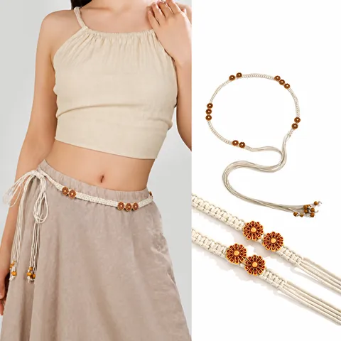 Bohemian Braided Belt For Women Ethnic Style Handmade Tassel Wood Bead Decorative Waist Chain Waist Rope For Dress