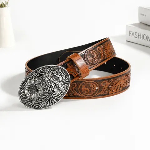 Vintage Faux Leather Embossed Belt For Women Oval Carved Alloy Metal Buckle Botanical Floral Textured Waist Belt Pants Accessory Trendy Fashion Jewelry