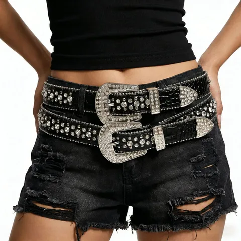 Punk Unisex PU Alloy Rhinestone Belt Western Cowboy Crocodile Pattern Carving Buckle Rhinestone Waist Belt For Jeans Party Decoration Accessories