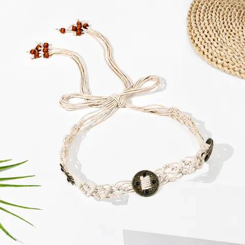 Bohemian Hand Woven Waist Chain Belt Vintage Cotton Rope Dress Belt With Wood Beads Tassel For Women Decorative Waistband