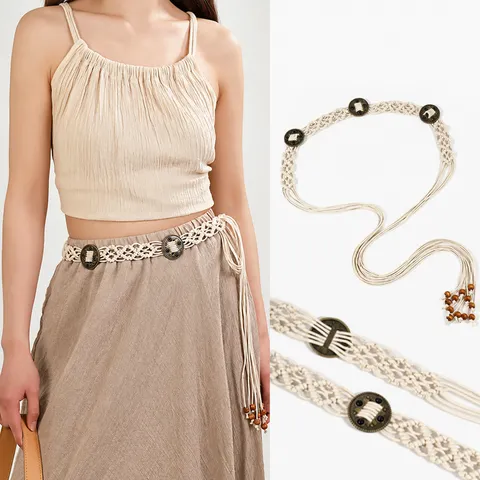Bohemian Hand Woven Waist Chain Belt Vintage Cotton Rope Dress Belt With Wood Beads Tassel For Women Decorative Waistband