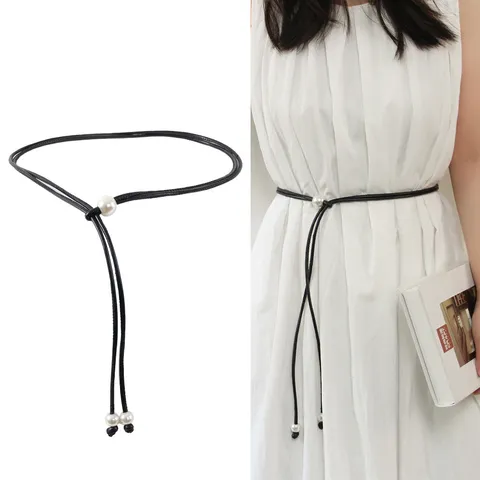 Cinturón Fino De Cuero PU Para Mujer Minimalista Con Adorno De Perlas Cuerda De Cintura Suave Ajustable Para Vestido Camisa Accesorios De Moda