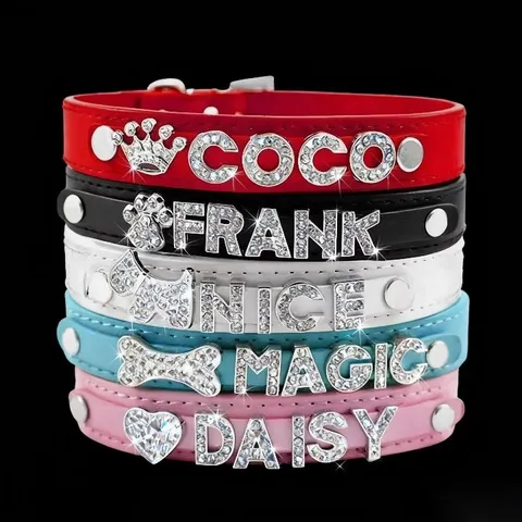 Collier pour Animal de Compagnie en Similicuir Strass Lettre Collier pour Chien de compagnie Ajustable Mode Chiot Accessoires