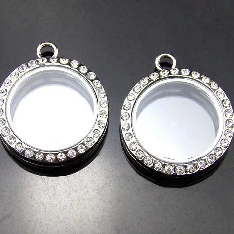Glass Locket Pendant Round Floating Memory Locket Rhinestone Border Floating Charm Pendant Jewelry Making Accessories