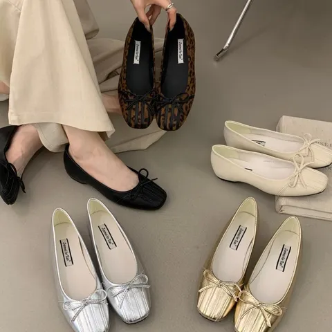 Women's Flat Shoes 2026 Spring New Bowknot Silver Chunky Heel Casual Shoes Sweet Square Toe Shallow Skimmer Footwear