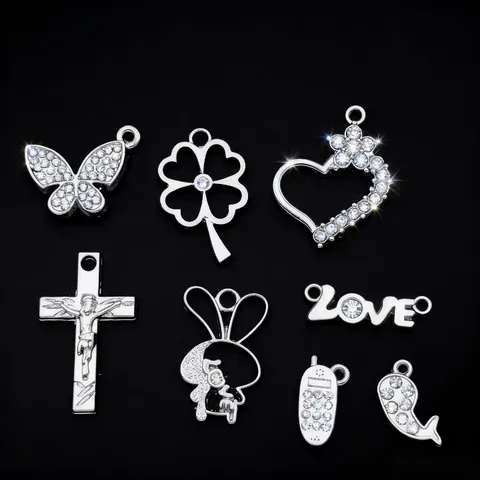 DIY Zinc Alloy Rhinestone Pendant Butterfly Four Leaf Clover Heart Cross Rabbit Love Phone Whale Charms Jewelry Making Findings