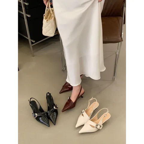 Women's Patent Leather Kitten Heels Pointed Toe Slingback Pumps Metal Buckle