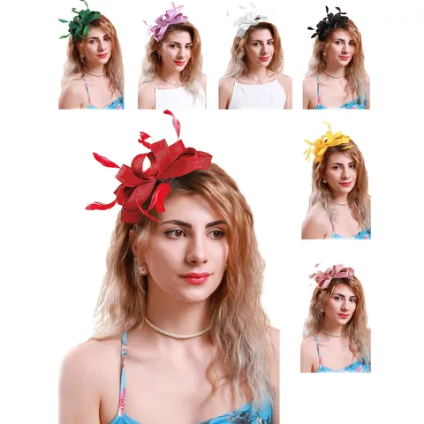 Imitation Linen Feather Fascinator Hat Bow Mesh Headband Retro Tea Party Cocktail Wedding Headwear For Women