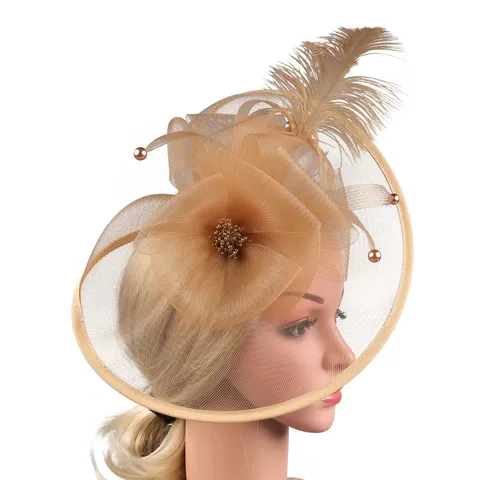 Women Fashion Mesh Feather Fascinator Headband Bow Artificial Pearl Hair Clip Elegant Party Wedding Hair Accessories