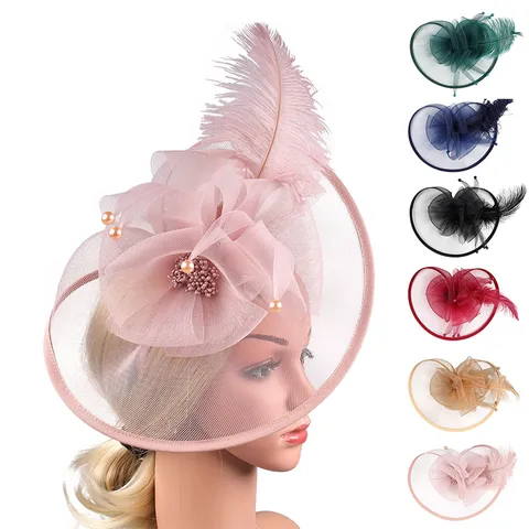 Women Fashion Mesh Feather Fascinator Headband Bow Artificial Pearl Hair Clip Elegant Party Wedding Hair Accessories