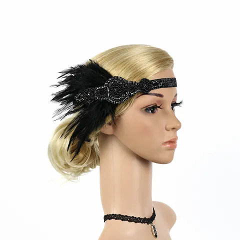 1920s Vintage Feather Headband For Women Rhinestone Beaded Flapper Headpiece Great Gatsby Party Wedding Halloween Accessories