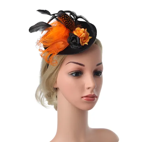 Halloween Mini Top Hat Headband With Feathers Fabric Flowers Fascinator For Women Wedding Banquet Dance Party Accessory