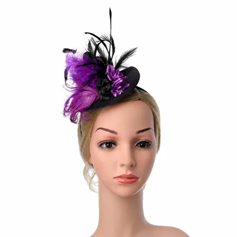 Halloween Mini Top Hat Headband With Feathers Fabric Flowers Fascinator For Women Wedding Banquet Dance Party Accessory