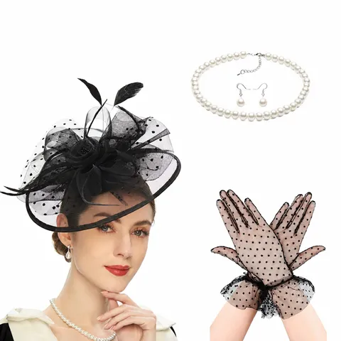 Elegant Polka Dot Mesh Veil Fascinator Hat Set With Lace Gloves Artificial Pearl Necklace Earrings For Wedding Party Women Retro Headpiece