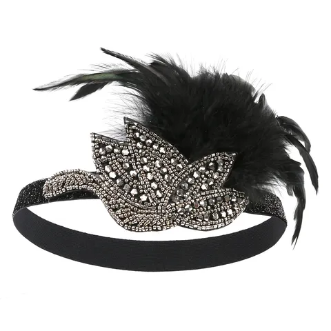 Vintage 1920s Black Feather Headband For Women Great Gatsby Flapper Headpiece Rhinestone Sequin Party Hair Accessories