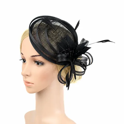 Elegant Linen Mesh Fascinator Hat Hair Clip With Feather Decoration Vintage Bridal Wedding Headwear Women Banquet Party Accessories