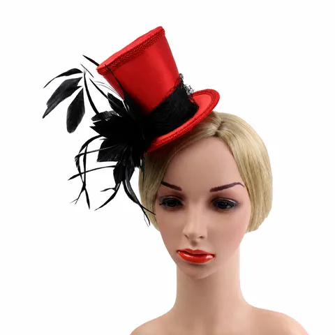 Halloween Party Mini Top Hat Fascinator Hair Clip With Feather Mesh Decor Retro Banquet Ball Magic Hat Photo Accessory For Women