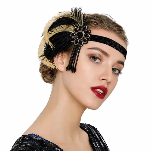 Vintage Gatsby Feather Headband Rhinestone Tassel Flapper Headpiece For Women Roaring Party Hair Accessories Performance