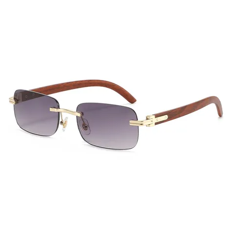 Rimless Square Sunglasses For Men Luxury Wood Grain Temples Diamond Cut Edge UV400 Protection Fashion Ocean Lens Sun Glasses Eyewear