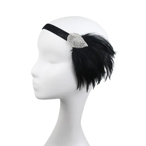 Vintage 1920s Gatsby Feather Headband Rhinestone Flapper Hair Accessory For Women Party Wedding Elastic Hair Band Headpiece