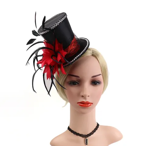 Halloween Party Mini Top Hat Fascinator Hair Clip With Feather Mesh Decor Retro Banquet Ball Magic Hat Photo Accessory For Women