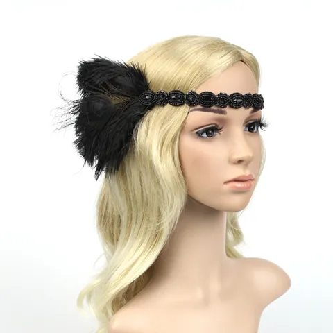 Vintage 1920s Gatsby Feather Headband Rhinestone Artificial Pearl Flapper Hair Accessories Wedding Party Women Headpiece