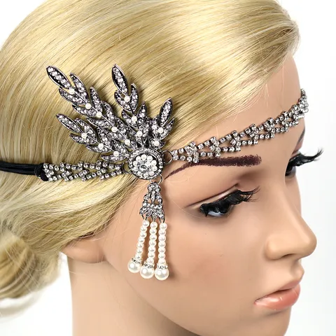 Vintage Gatsby Headband Rhinestone Leaf Artificial Pearl Tassel Headpiece Wedding Flapper Party Women Hair Accessories