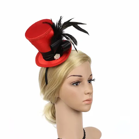Vintage Red Mini Top Hat Fascinator Headband With Black Feather Bow Rhinestone Artificial Pearl Magic Hat For Women Party Banquet Headwear