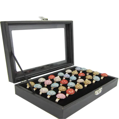 Black PU Leather Jewelry Display Tray With Clear Glass Lid Velvet Ring Earring Storage Box Organizer Showcase Holder