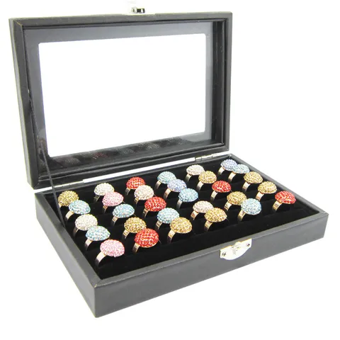 Black PU Leather Jewelry Display Tray With Clear Glass Lid Velvet Ring Earring Storage Box Organizer Showcase Holder