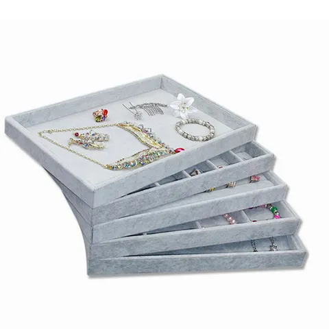 Eisgrau Samt Schmuckpräsentationstablett Ring Halskette Armband Ohrring Organizer Box Aufbewahrung