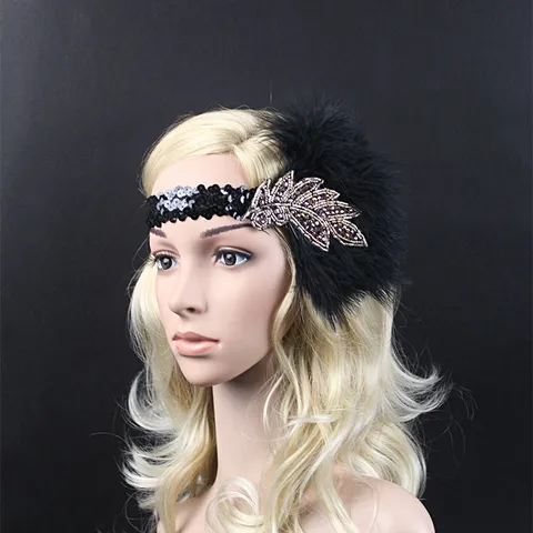 Vintage 1920s Feather Sequin Headband Black Rhinestone Flapper Headpiece Gatsby Hair Band Costume Party Accessories For Women