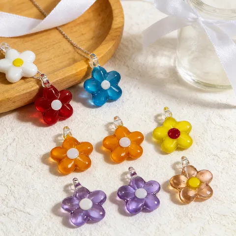 Colorful Glass Flower Pendant Five Petal Flower Charm DIY Jewelry Making Accessory For Bracelet Necklace Craft