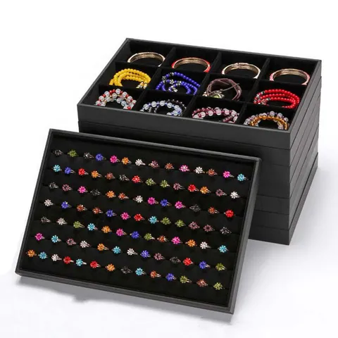 Black Velvet Jewelry Display Tray Ring Earring Necklace Storage Organizer Box