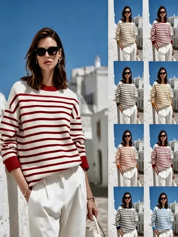 Women Casual Striped Contrast Cuff Crew Neck Long Sleeve Knit Pullover Sweater Loose Fit Fall Fashion Knitwear