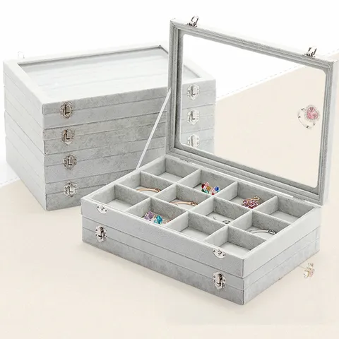 Velvet Jewelry Display Tray With Glass Lid Ring Earring Necklace Storage Organizer Box Showcase Holder